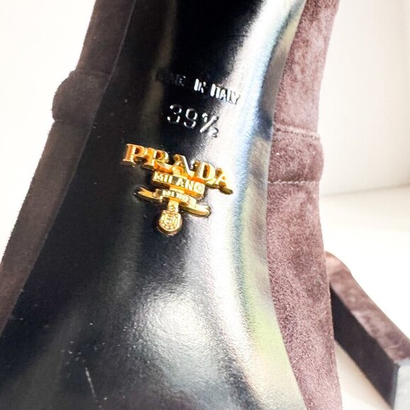 Prada Chocolate Brown Suede Classic Stacked Heel Booties 39.5 - Picture 7 of 11